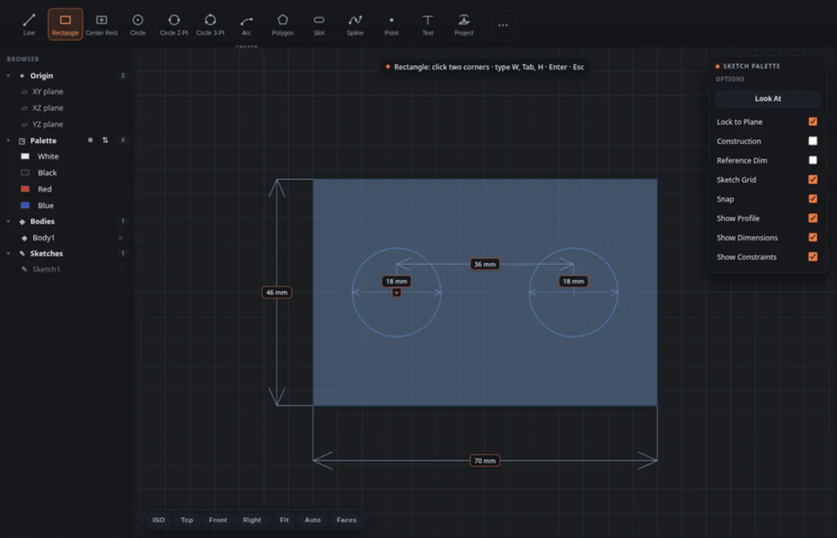 SindriCAD sketching a profile with dimensions and constraints